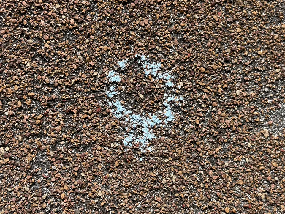 Close-up of an asphalt shingle with a chalk circle around a hail impact where granules are missing